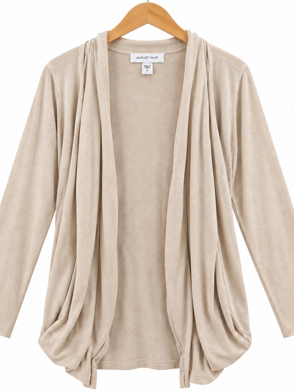 august silk Draped Open-Front Cardigan in Light Beige